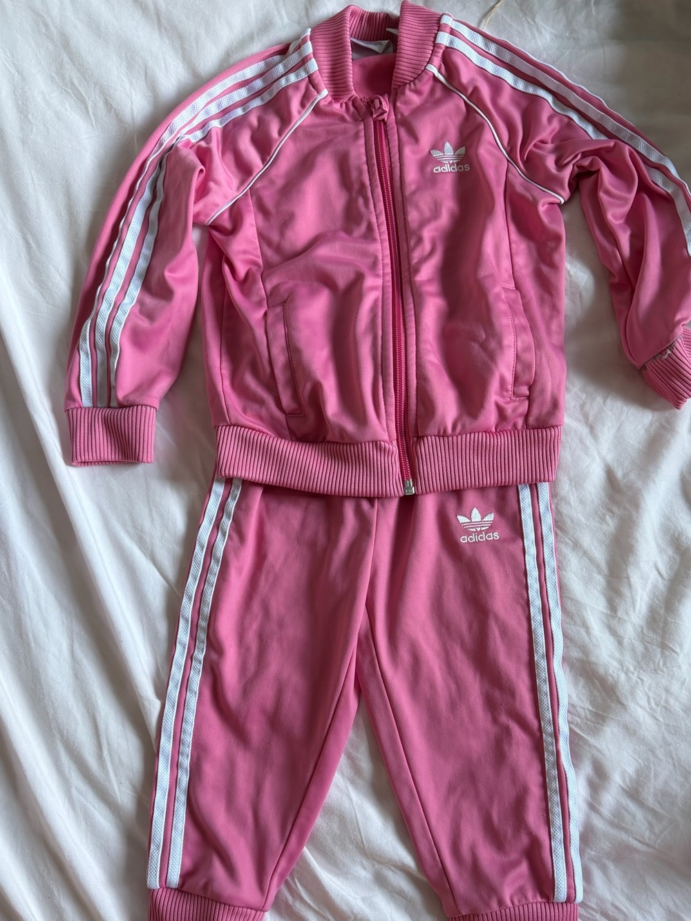 adidas Pink Three-Stripe Kids Tracksuit Set